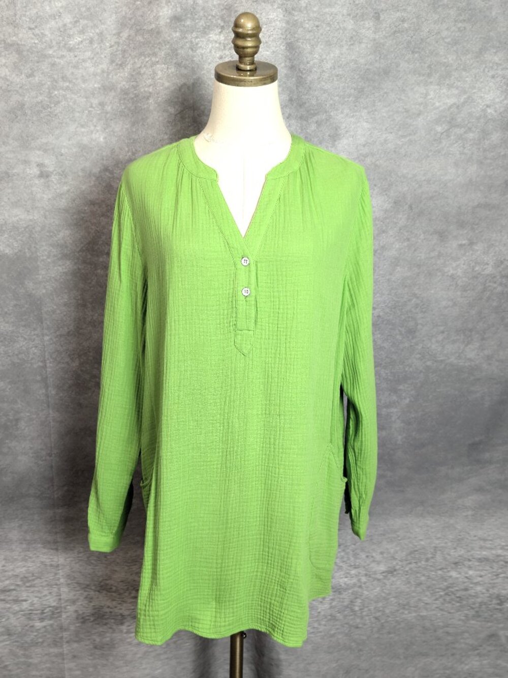 Soft Surroundings Santorini Lime Green Cotton Gauze Boho Split Neck Tunic PXL